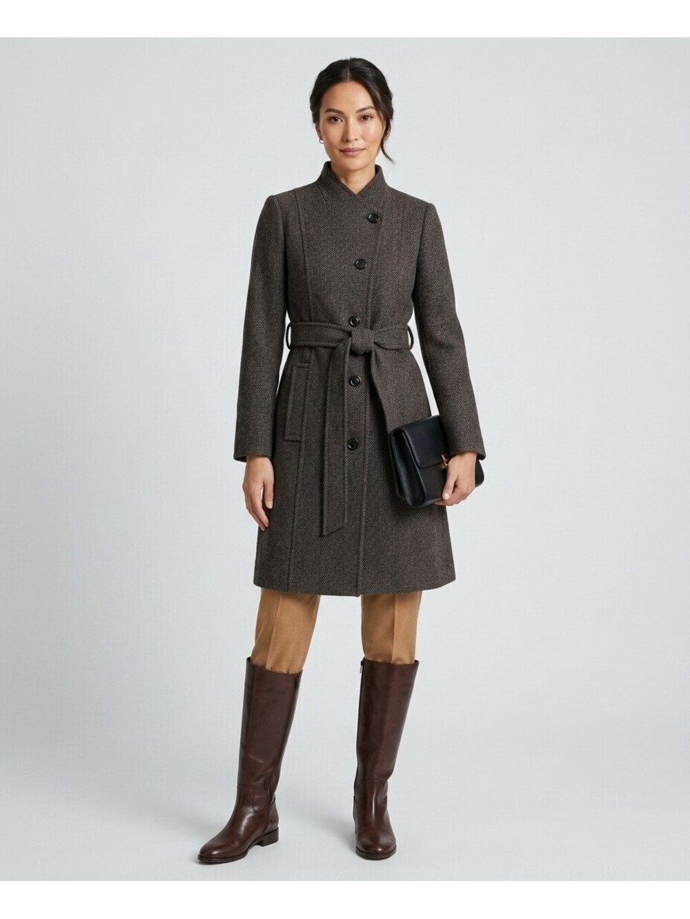 NWT Anne Klein Women's Herringbone Belted Trench Coat Jacket Charcoal Size M
